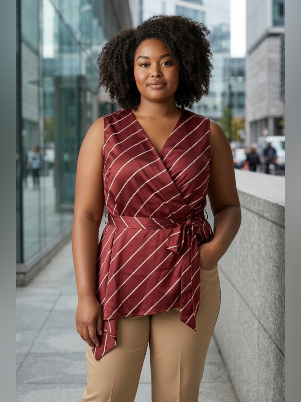 Lane Bryant Burgundy with Tan Rope Print Asymmetrical Faux Wrap Top NWT